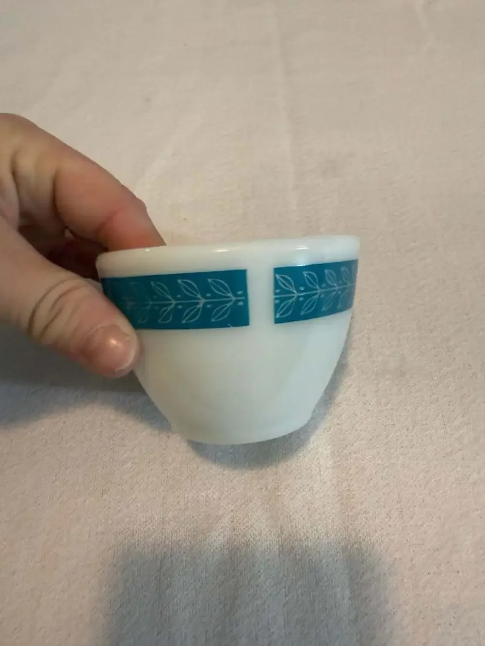 Vintage Pyrex Tableware Milk Glass Individual Bowl with Teal Laurel Leaf Pattern